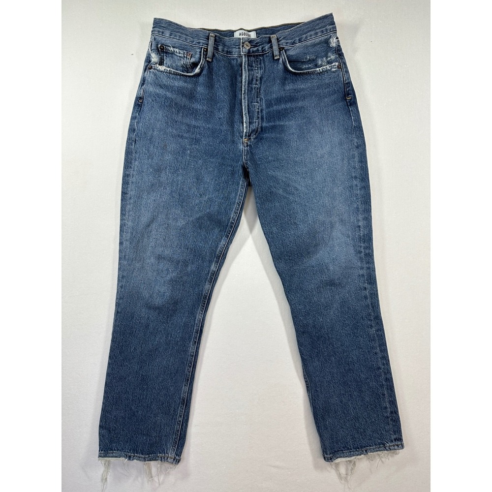 AGOLDE Riley Straight Leg Button Fly Jeans 30 Frequency Distressed Raw Hem $208